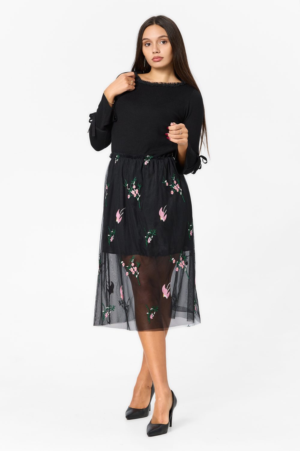 Rochie din tricot cu tulle brodat